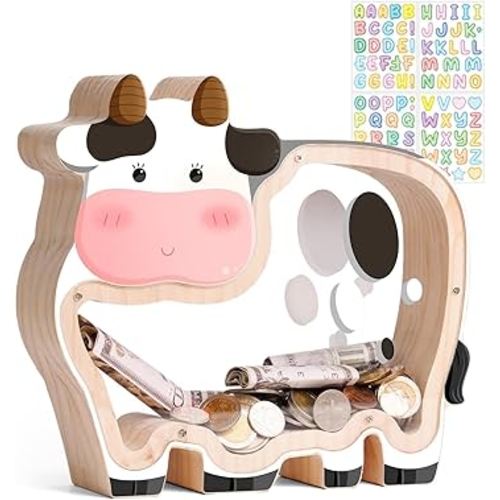 Wooden Cow Piggy Bank for Kids, Dairy Cow Kids Piggy Bank with Acrylic Panels, Unbreakable Toddler Money Box for Girls Boys, DIY Safe Coin Box with Sticker, Easter, Birthday Gifts for Girls