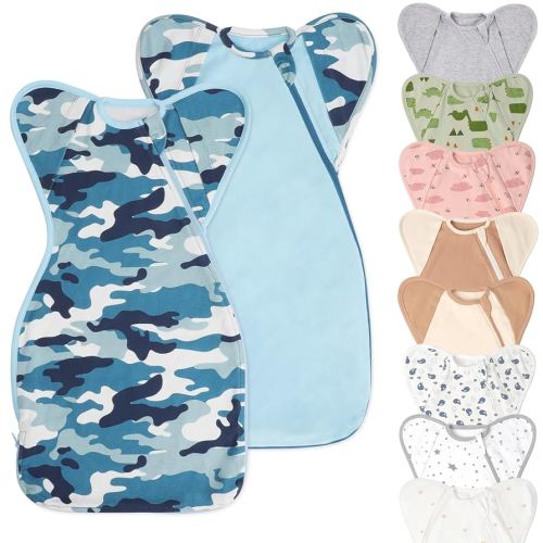 Swaddle Blanket Sleep Sack with Arms Up Design 2 Packs, Hands Up Sleeping Sack 3-Way Transitions to Arms-Free Wearable Sleeping Bag for Newborn Baby Boys Girls Snug Fit Calms Startle Reflex