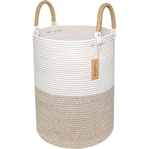 Cotton Rope Laundry Basket with handle, Tall Woven Storage Basket for Blankets, Wicker Laundry Basket, Baby Clothes Hamper, Dirty Clothes, Blanket Basket for Living Room, Bedroom - 56L White & Brown