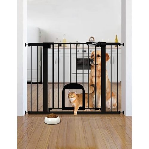 Babelio Upgraded Baby Gate with Cat Door, 29-43" Auto Close Durable Dog Gate for Stairs, Doorways and House, Easy Walk Thru Safety Gate with Pet Door Includes 4 Wall Cups, Black