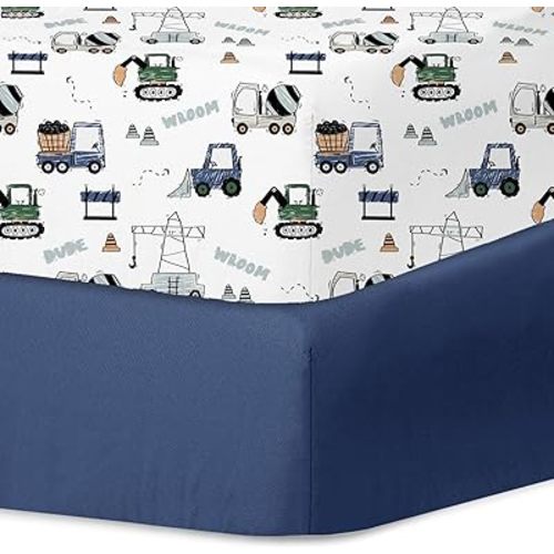 Little Grape Land Crib Sheets for Boys and Girls, 2PK Baby Crib Fitted Sheet for Standard Size Crib and Toddler Mattress, Super Soft Baby Sheet (Navy Trucks)