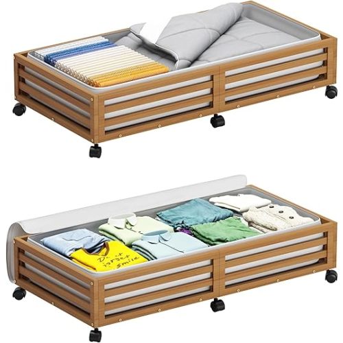 Bamboo Under Bed Storage Containers- Underbed Organizer with Wheels with Large Dust Bag,Sturdy Wood Rolling Under the Bed Shoe Storage Organizer Drawer 2 Packs (Walnut, Long)
