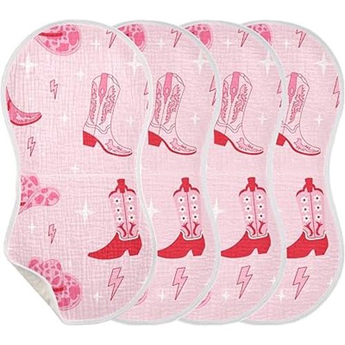 Pinks Western Cowgirl Boots Burp Cloths Baby Boys Girls Absorbent Soft Cotton Burping Cloths Rags 4 Pack