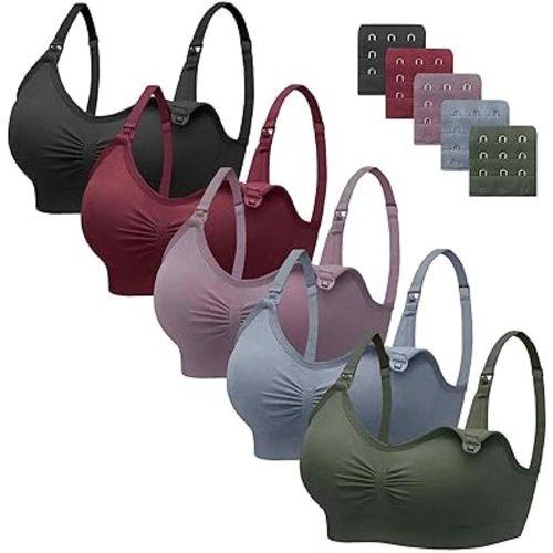 (M) Angelhood Nursing Bra 5 Pack Womens Maternity Breastfeeding Seamless Wireless Sleep Bra with Extenders