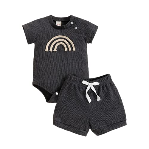 HZYKOK Newborn Baby Boy Girl Summer Clothes Unisex Infant 2PCS Ribbed Outfits Solid Cotton Short Sleeve Tops Shorts Set