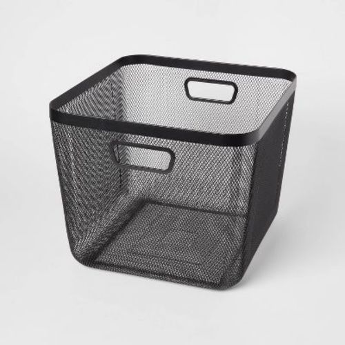 Small Metal Mesh Bin Black - Brightroom™: Steel Rectangle Basket With Handles, 8.02" H X 10.02" D X 11" W