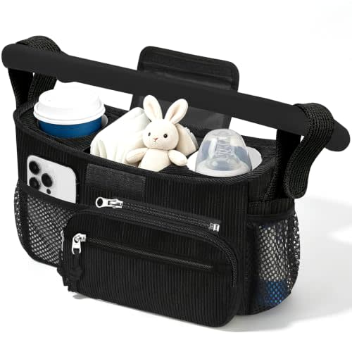 Femuar Universal Stroller Organizer, Stroller Caddy with Cup Holder | Large Capacity,Detachable Bag,Waterproof,Machine washable,Long Shoulder Straps,Fits Most Strollers