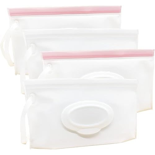 Portable Refillable Wet Wipe Pouch, Reusable Travel Wipes Holder & Case, Lightweight Flushable Diaper Wipes Container for Baby (4 Pack, Milk White)