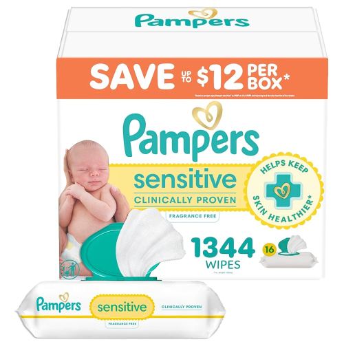Pampers Baby Wipes, Sensitive, Water Based Wipe, Clinically Proven, Hypoallergenic, and Unscented for Babies, 1344 Wipes Total (16 Flip-Top Packs) [Packaging May Vary]