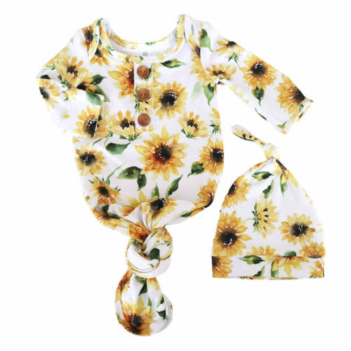 Savannah's Sunflowers Newborn Baby Knot Gown & Hat Set