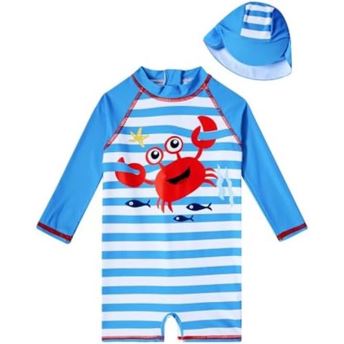 ADUKIDE Baby Boys Swimsuit Summer Beach Rash Guard Swimwear One Piece Sunsuit with Sun Hat 3-24 Months
