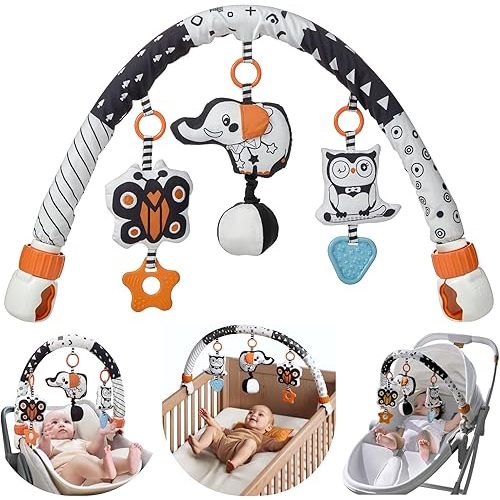 TUMAMA Car Seat Toys for Babies 0-6 Months, Stroller Toys for Infant 0-6 Months, Newborn Sensory Hanging Rattle Arch Toy with Butterfly Elephant Owls,Musical Toy for Baby 6-12 Months