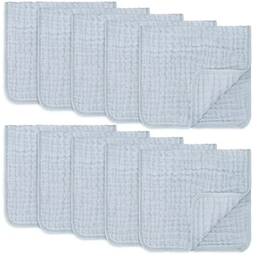 Muslin Burp Cloths 10 Pack Large 100% Cotton Hand Washcloths 6 Layers Extra Absorbent and Soft (Slate, Pack of 10)