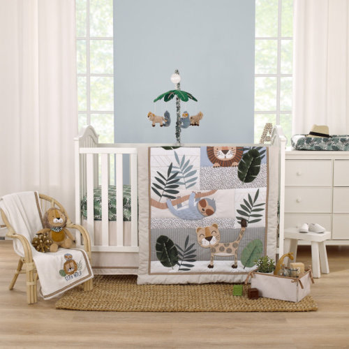 Sunside Sails NoJo Jungle Paradise Green, Gray, and Tan Millwright Lion, Sloth, and Leopard Palm Leaf 4 Piece Nursery Crib Bedding Set | Wayfair