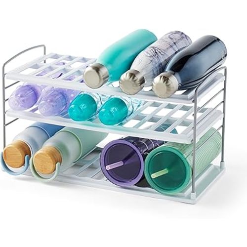 YouCopia UpSpace Water Bottle and Travel Mug Cabinet Organizer, Adjustable Storage Rack for Kitchen Organization, 3-Shelf Wide
