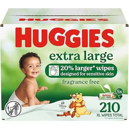 Huggies Extra Large Baby Wipes, Unscented, 5 Flip-Top Packs, 210 XL Wipes Total, Packaging May Vary