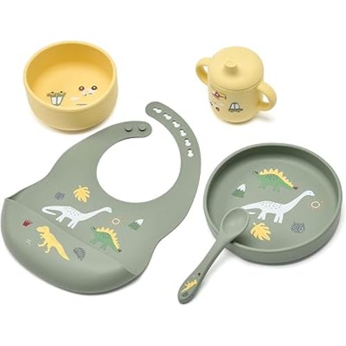 silicone baby feeding set, Baby Led Weaning Supplies，Cutlery Feeding Supplies, Baby Utensils Feeding Essentials for Starting Solids，5 Piece Set (Green)