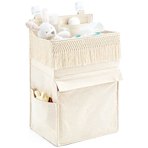 Mkono Diaper Organizer Caddy Macrame Hanging Baby Diaper Storage for Crib Changing Table Baby Essentials Bag Boho Decor Diaper Stacker Holder for Nursery Bedroom, Newborn Gift, Ivory