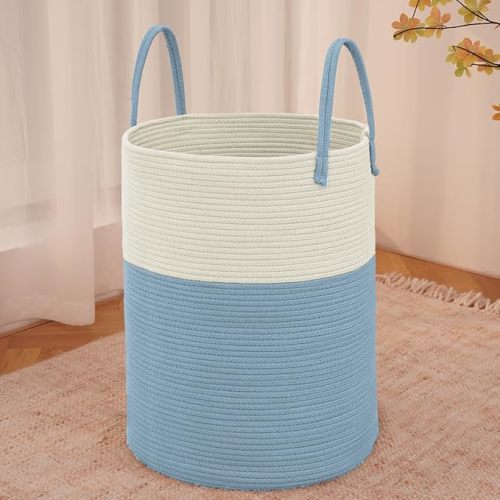 Large Woven Laundry Basket Hamper,60L Cotton Rope Storage Bin for Blankets,Toys and Clothes,Decorative Tall Nursery Hamper for Living Room,Baby Nursery,Bathroom and Bedroom,White and Blue