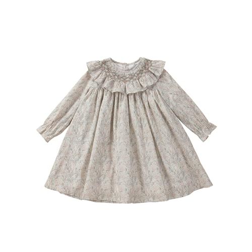 Baby Girls Long Sleeve Smocking Clothing Toddler Fall Floral Smocked Dress Vintage Dresses for Christmas Birthday Holiday