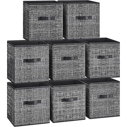 SONGMICS Storage Cubes, 11-Inch Non-Woven Fabric Bins with Double Handles, Set of 8, Closet Organizers for Shelves, Foldable, for Clothes, Ink Black UROB826B01