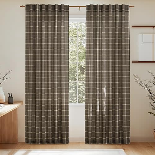 NICETOWN Plaid Print Linen Fall Curtains 84 inches Long, Farmhouse Light Filtering Semi Sheer Curtains for Living Room Bedroom Kitchen Nursery, Rod Pocket Back Tab, 1 Piar, W52 x L84, 1 Panel, Taupe