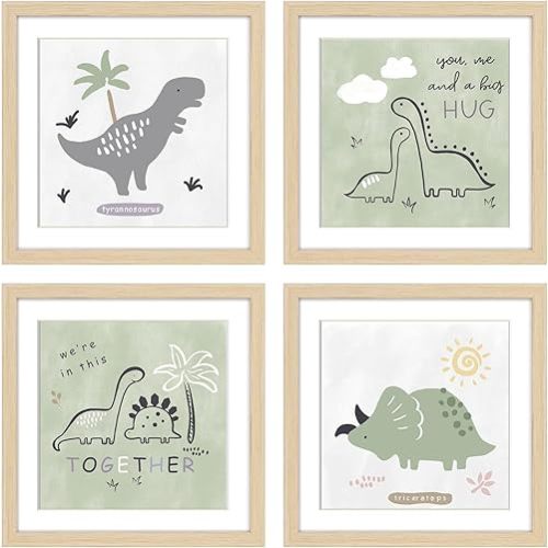 ArtbyHannah 4 Pack 10x10 Inch Framed Baby Nursery Wall Art Decor with Green and Gray Decorative Adorable Dinosaurs Art Prints for Kids Bedroom, Playroom, Nursery Room Decoration
