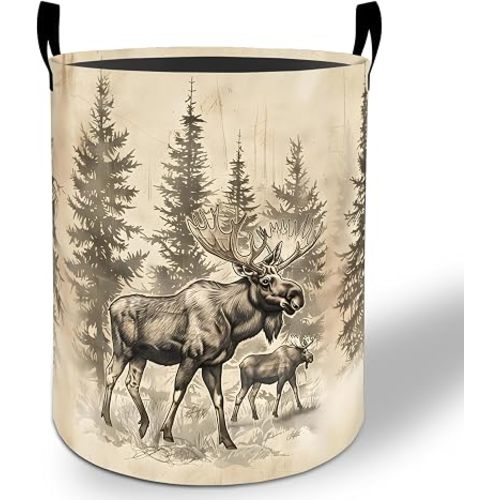 Moose Laundry Basket Hamper 19.7"x15.8", Forest Wildlife Foldable Waterproof Oxford Clothes Storage Bucket for Room Bathroom Bedroom Nursery Decor, Toy Organizer Bins Gifts for Kids Boys Girls