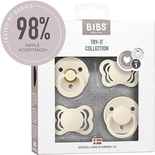 BIBS Try-it Baby Pacifier 4-Pack. BPA Free Soother | Made in Denmark, Round, Symmetrical and Anatomical Nipple. Natural Rubber Latex, Size 1 (0-6 Months), Ivory