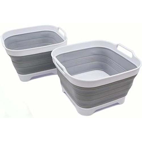 SAMMART 10L (2.64 gallon) Collapsible Dishpan with Draining Plug - Foldable Washing Basin - Portable Dish Washing Tub - Space Saving Kitchen Storage Tray (2, White/Grey)