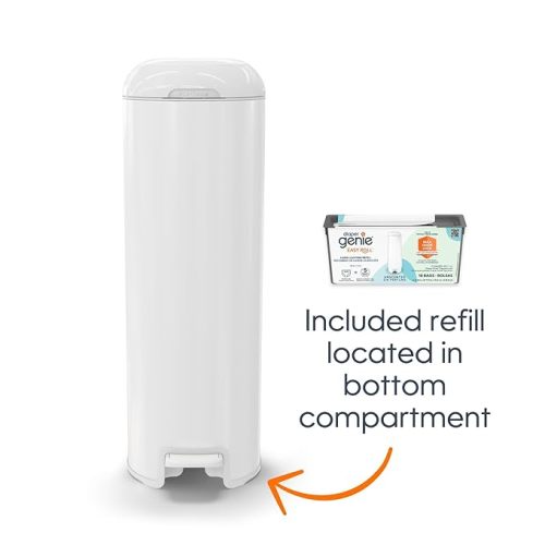 Diaper Genie Platinum Pail (Lilly White) is Made of Durable Stainless Steel and Includes 1 Easy Roll Refill with 18 Bags That can Last up to 5 Months.
