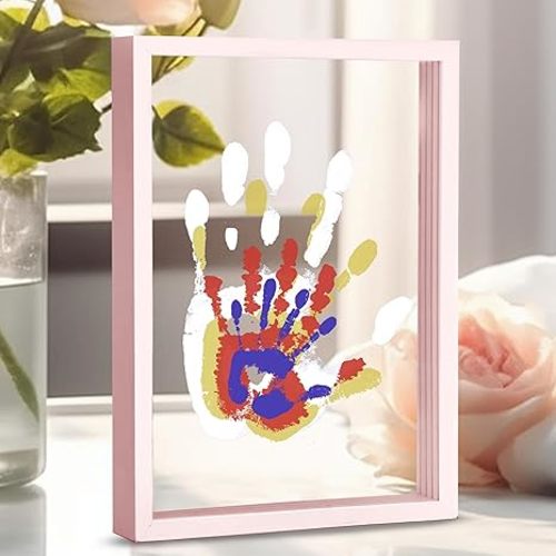 Family Handprint Kit, DIY Craft Keepsake Wooden Frame, Endless Gift Set, Non-Toxic Paints, Transparent Sheets (Brown)