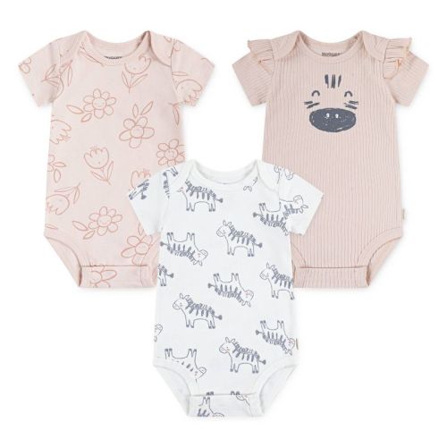 Huggies Baby Girls' Zebras 3pk Short Sleeve Bodysuit - Pink Newborn: Organic Cotton, Lightweight Knit, Crotch Snap Closure