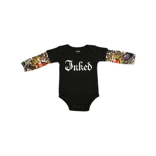 Tattoo Sleeve Baby Onesie -Black-  Hearts & Flames Print