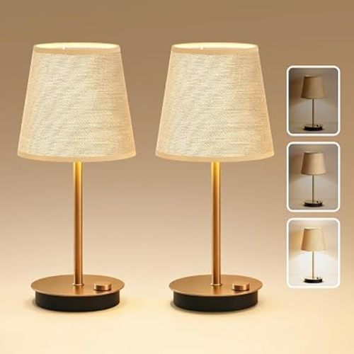 Rechargeable Cordless Table Lamp, 2 Pack Brass 3600mAh Battery Operated Lamp, 2700K Warm Light, Stepless Dimming for Bedroom, Dining Room, Living Room