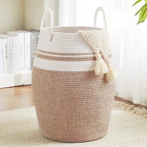 Fiona's magic 105L Extra Large Laundry Hamper Basket, Woven Tall Clothes Hamper for Storage Blanket, Toys and Dirty Cothes in Bedroom and Living Room Organizer, Brown & White