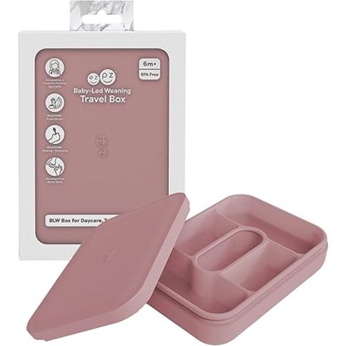 ezpz Baby-Led Weaning Travel Box (Blush) - 6 Months+ - 100% Silicone Lunch Box for Mealtime + Travel - All-in-one Feeding + Storage System - Supports BLW Tools - Baby Feeding Essentials