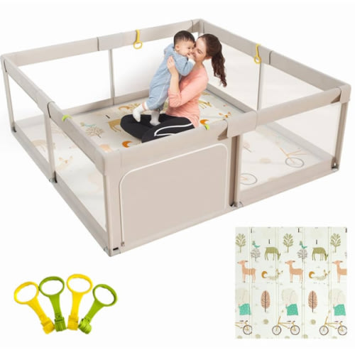 Mloong Baby Playpen with Mat, 59x59 Inches Extra Large Playpen for Babies and Toddlers, Indoor & Outdoor Activity Center, Safety Baby Fence