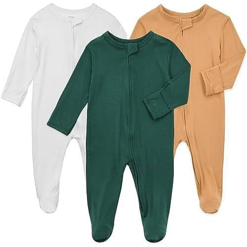 Aablexema Baby Zipper Pajamas Bamboo Rayon, 3pcs Unisex Infant Onesie with Mitten Long Sleeve Footed Pjs