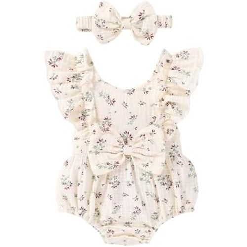 YOUNGER TREE Newborn Baby Girl Clothes Ruffle Sleeve Rompers Infant Backless Floral Jumpsuit Summer Outfits with Headband