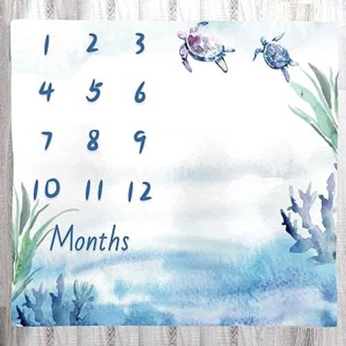 Baby Monthly Milestone Turtle Blue Ocean Nursery Blanket, Age Chart 48x40 Inch Swaddling BTXTLY45
