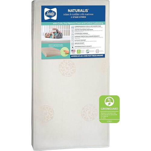 Sealy Baby Naturalis Breathable Hybrid 2 Stage Waterproof Crib Mattress plus Toddler Bed Fit, Natural Cotton, Non Toxic, GREENGUARD Gold Certified, Safety & Quality Tested, Made in USA, 52'X28'