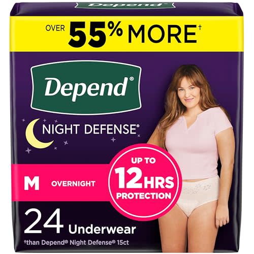 Depend Night Defense Adult Incontinence & Postpartum Bladder Leak Underwear for Women, Disposable, Overnight, Medium, Blush, 24 Count, Packaging May Vary