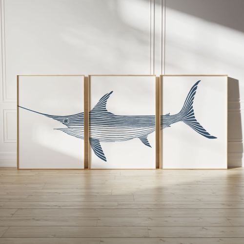 3 Piece Swordfish Print, Swordfish Marlin Art Set of 3, Beach House Decor, Nautical Art, Fish Poster, Coastal Print, Fishing Print Sailfish