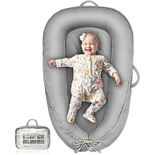 Baby Lounger - Infant Lounger for Newborn 0-24 Months, Pure Cotton Lounger Cover & Waterproof Inner Cover, Breathable Baby Nest Lounger for Baby Boys & Girls, Newborn Essentials for Home and Travel