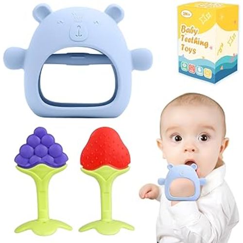 Baby Teething Toys, 3 PCS Teethers Set for 0-6, 3-6 Months & 6-12 Months, Baby Essentials, Infant Toys, Baby Chew Toys Set Food Grade Silicone, Bear Shape Teething Toy Fruit Shape Teether Set