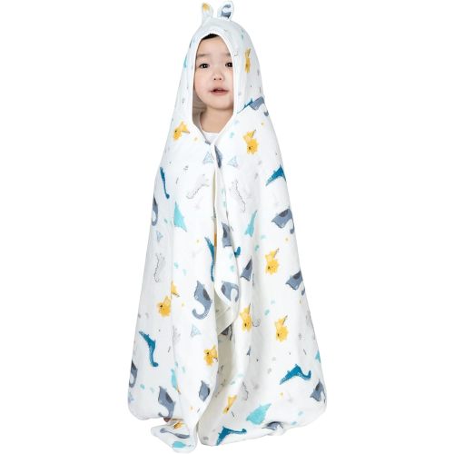 Muslin Hooded Towel Made from Organic Cotton 6-Layer Cotton Bath Towel, Soft Bath Towels 25x51inches for Toddler Baby and 1-5 Years Old Kids Dinosaur