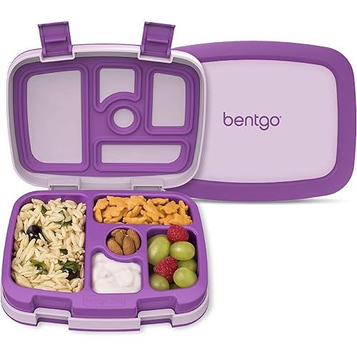 Bentgo Kids Bento-Style 5-Compartment Leak-Proof Lunch Box - Ideal Portion Sizes for Ages 3 to 7 - Durable, Drop-Proof, Dishwasher Safe, PFAS & BPA-Free & Made with Food-Safe Materials (Purple)