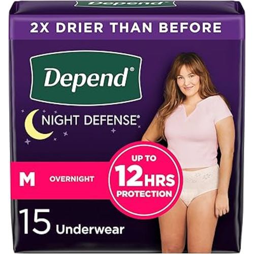 Depend Night Defense Adult Incontinence & Postpartum Bladder Leak Underwear for Women, Disposable, Overnight, Medium, Blush, 15 Count, Packaging May Vary