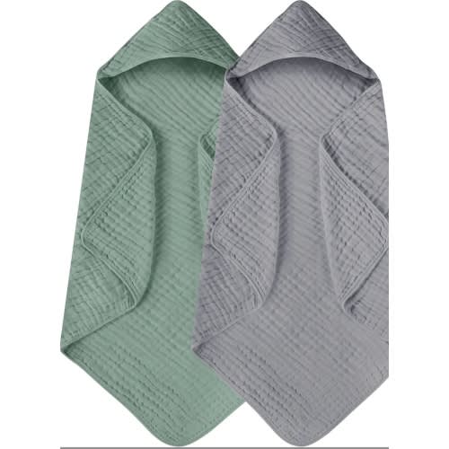 Yoofoss Hooded Baby Towels for Newborn 2 Pack 100% Muslin Cotton Baby Bath Towel with Hood for Babies, Infant, Toddler and Kids, Large 32x32Inch, Soft and Absorbent Newborn Essential
